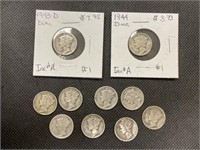 10 Mercury Dimes 1919-1945