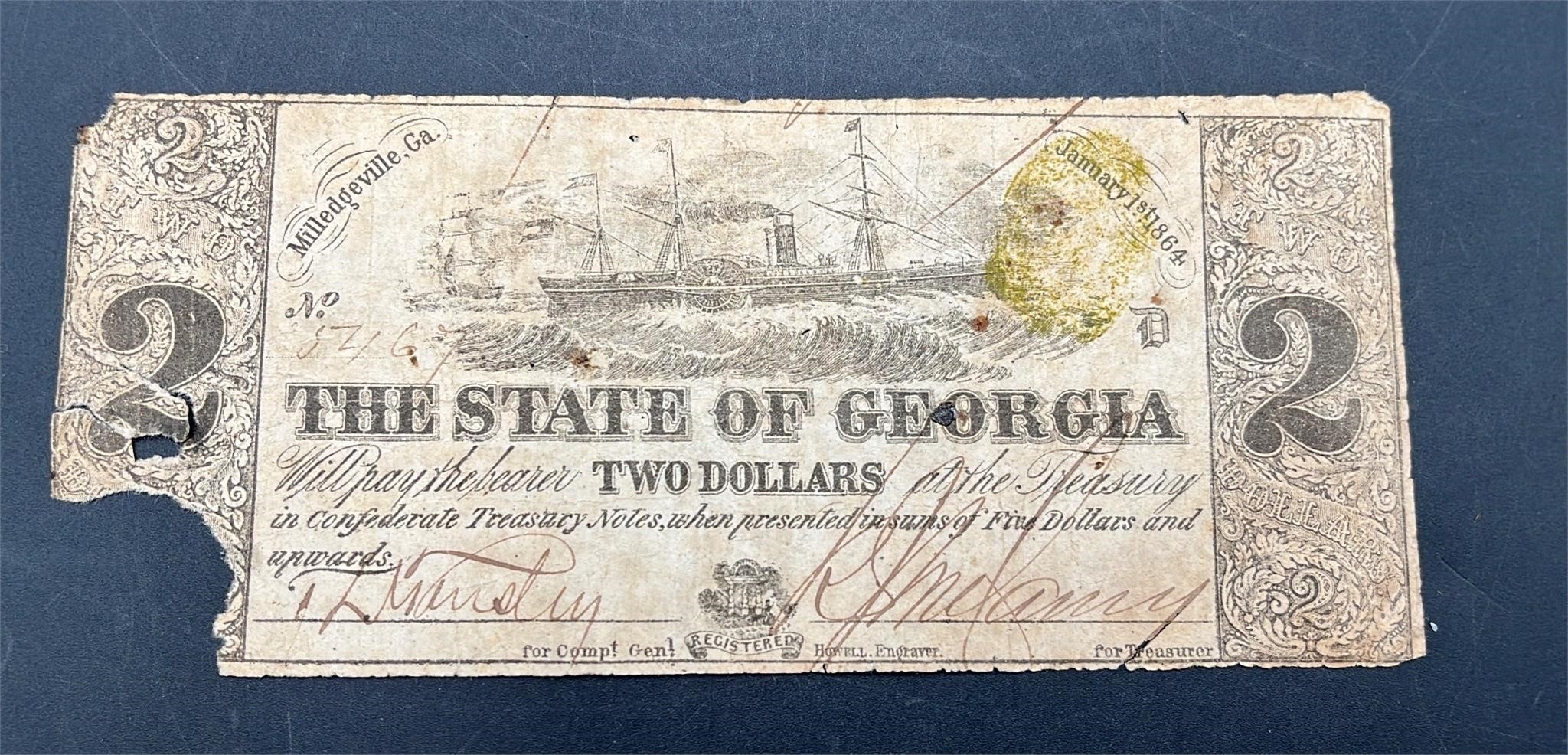 1863 $2 THE STATE OF GEORGIA MILLEDGEVILLE, GA