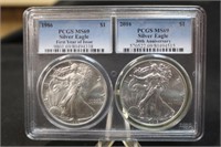 MS69 PCGS Silver Eagle Set of 2 1oz .999 Silver