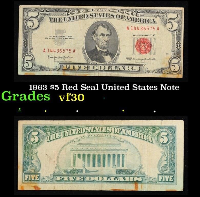 1963 $5 Red Seal United States Note Grades vf++