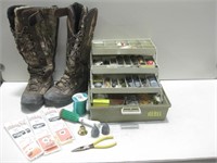 Fishing Tackle Box, Accessories & Boots Sz 8.5