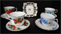 4 CUPS & SAUCERS + SMALL SQUARE DISH