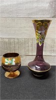 2 Pieces Of Bohemian Art Glass Vase & Goblet
