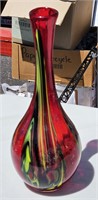 HAND BLOWN ART GLASS VASE RED & RAINBOW COLOR