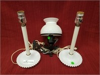 3 lamps, bracket lamp with white hobnail shade