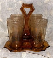 1920-30's Cambridge Beverage Set Etched Amber