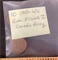 10 Canadian pennies 1950s – 60s