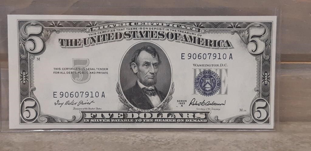 1953 USA $5 Silver Certificate Blue Seal Series A