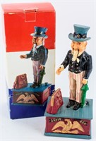 Vintage Cast Iron Uncle Sam Coin Bank & Box