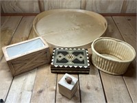 Wooden Platter, Tissue Holder, 2 Containers