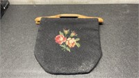 Vintage Needlepoint Hand Bag With Wooden Handles