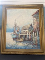 Signed Florence Harbor Painting on Canvas