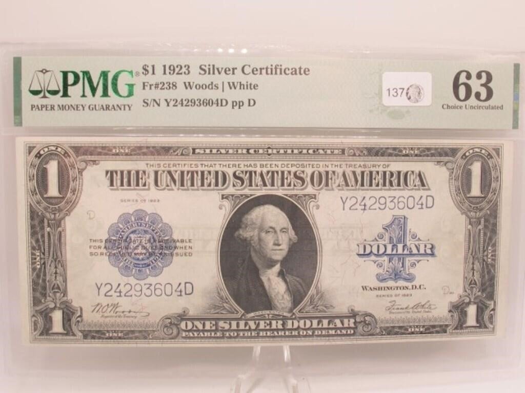 PMG $1 1923 SILVER CERTIFICATE 63 CHOICE UNC FR238