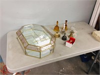 brass/ glass curio cabinet w/ bells  20" tall