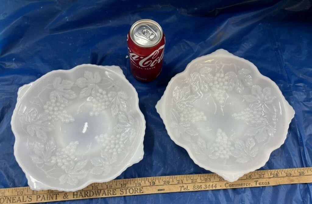 2 Vtg Anchor Hocking Milk Glass Footed Dishes