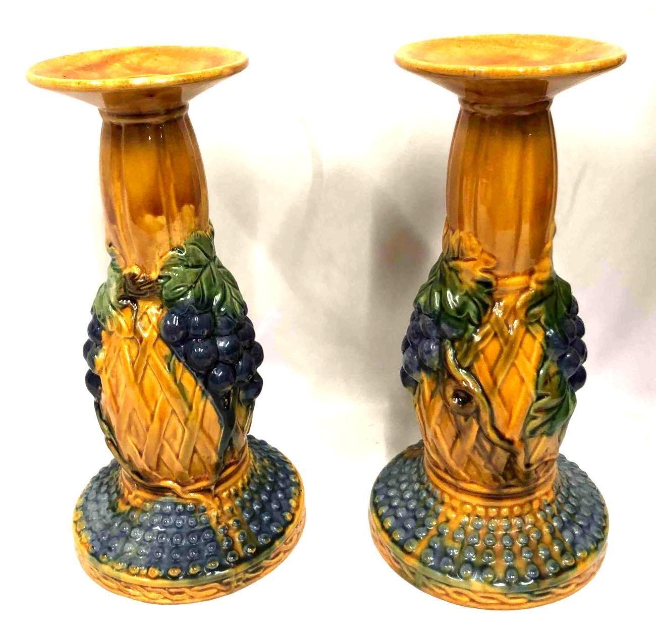 Set Of Two Large Ceramic Candlesticks With Grape D