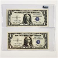 (2) Blue Seal $1 Bills NEARLY UNCIRCULATED