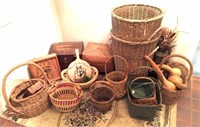 baskets, small wooden trunk, & clock