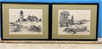 2 Framed Embroidered Coastal Scenes (15" X