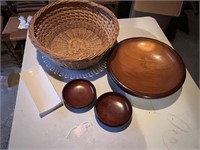 Wood Salad Bowl Set and Wicker Basket
