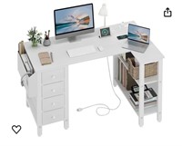White L Shaped Desk w Drawers & Shelves