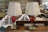 2 Cranberry and marble base lamps decorated with