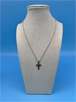 Silver Tone Rope Necklace W Cross Pendent