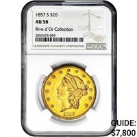 1857-S $20 Gold Double Eagle NGC AU58 Rive d'Or