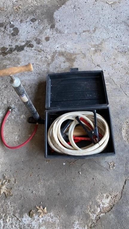 Vintage bike pump and Jumper cables in a case