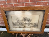 Large antique oak frame with homestead scene