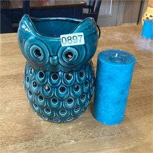 Blue ceramic candle holder owl