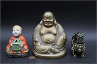 3 Foo Dog, Brass & Porcelain Buddha Figurines