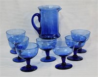 Cobalt Blue Glass Pitcher & 7 Stemmed Goblets