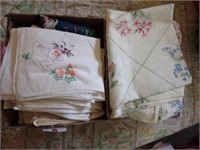 (2) Boxes w/ Sheets, Embroidered Kitchen Towels,