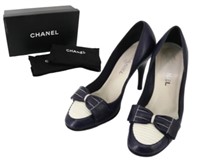 CHANEL Navy Leather Ribbon Pumps Size 37