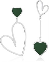 Gold-pl. Green Heart Asymmetrical Dangle Earrings