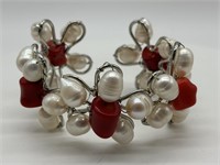 Fine Artisan Cultured Pearl & Coral Cuff Bracelet