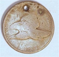 1857 flying Eagle Penny; Hole Drilled in it;