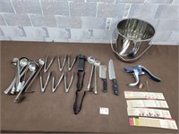 Kitchen serving tools, bucket, knives, etc