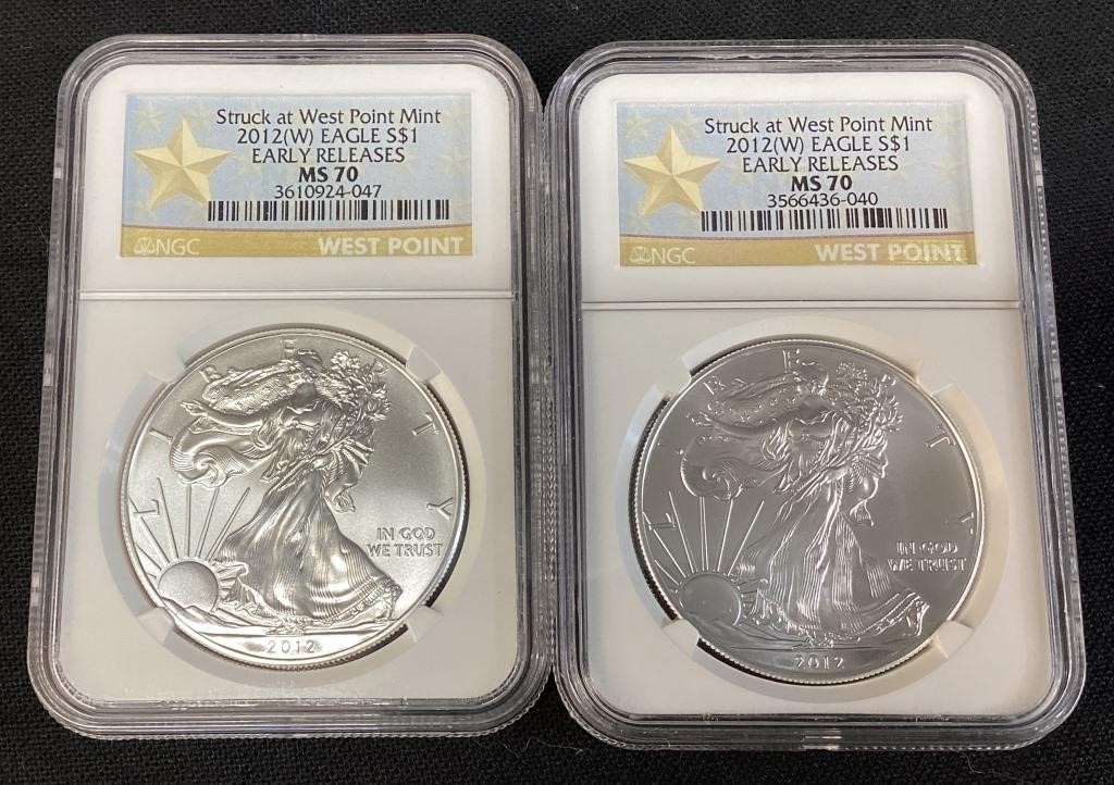 (2) 2012 WEST POINT MINT SILVER AMERICAN EAGLES,