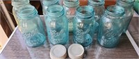 9 Blue Ball Jars, 2 Zinc Lids