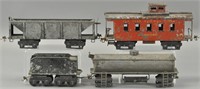 LOT OF FOUR IVES FREIGHT CARS AND TENDER