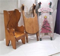 2 decorator sleds and doll chair