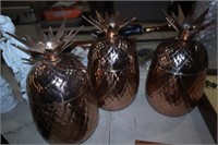 3 VINTAGE COPPER PINEAPPLE CANISTERS 11" TALL