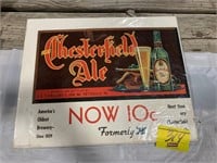 16" LONG CHESTERFIELD ALE CARDBOARD SIGN