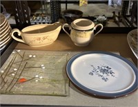 China Gravy, Cup, Glass Plate, and Ceramic Plate
