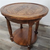 Wooden side table with distressed parquet top