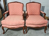 2 Wide, Low Backed Chairs - Wood Frame - Pink Fabr