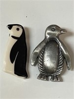 PEWTER AND POTTERY PENGUIN  BROOCHES