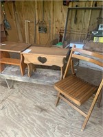 3 benches, wooden folding chair